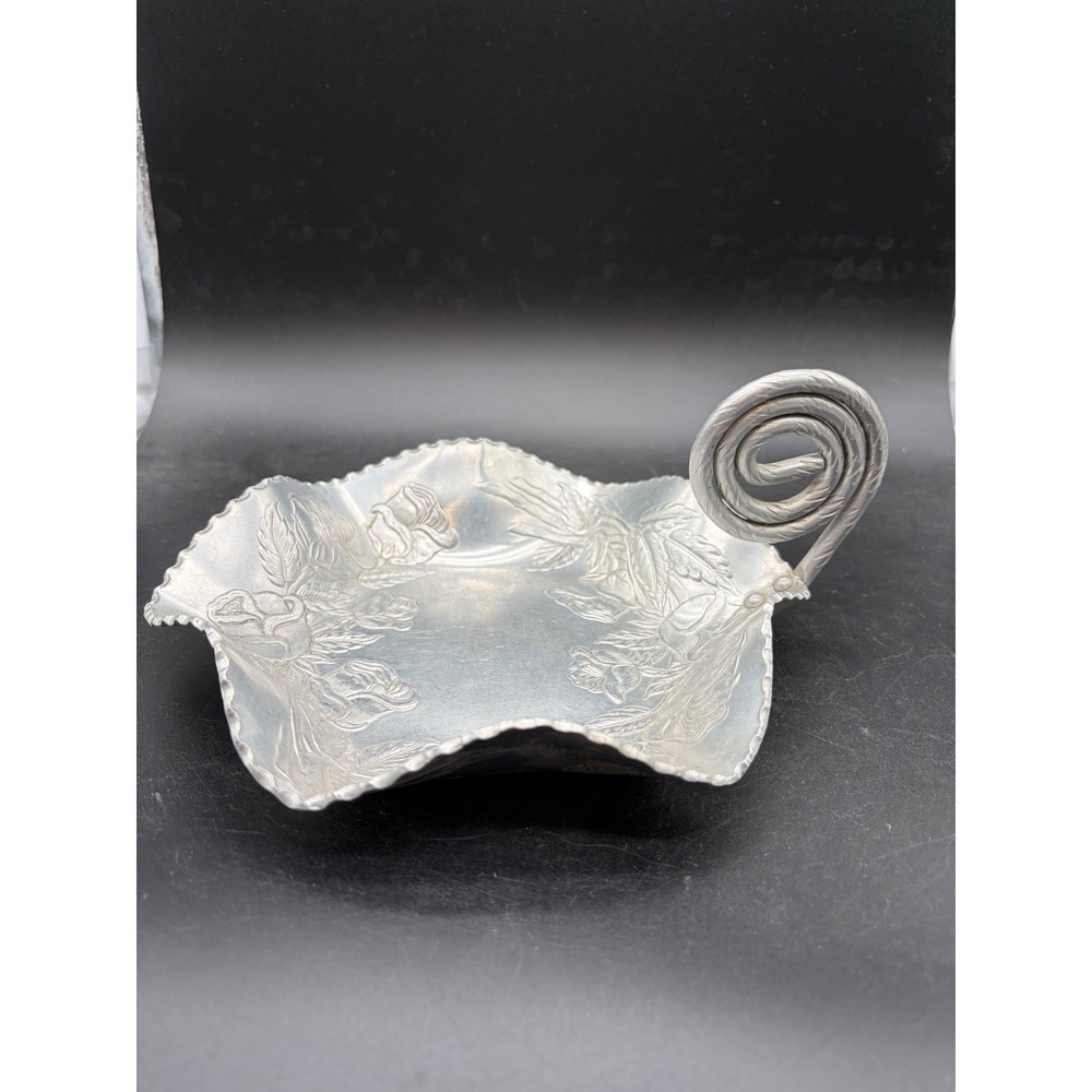 Vintage Hammered Aluminum Rose Floral Candy Dish Scrolled Handle Ruffled Edge